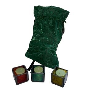 Vintage Emerald Green, Amber & Ruby Red Stained Glass TeaLight Votive Holders W/